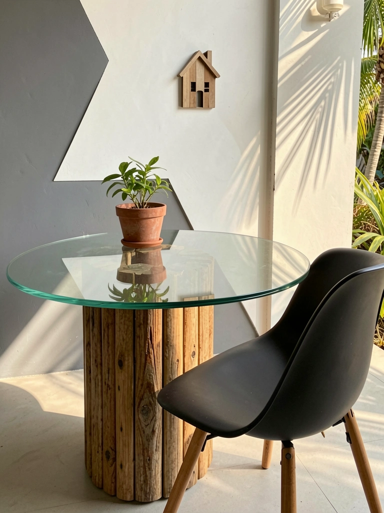 Mesa redonda de vidro com base de madeira texturizada, cadeira preta de plástico moldado, vaso de planta na base, parede cinza com forma geométrica branca e casa de madeira recortada, luz natural quente.