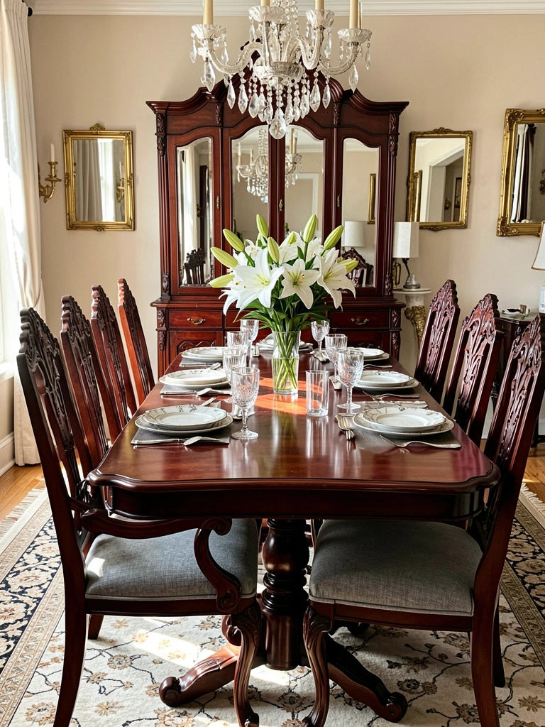 Mesa de jantar de mogno escuro com cadeiras entalhadas e almofadas cinza, buquê de lírios brancos em vaso de vidro, luz natural incide sobre a louça e os talheres.