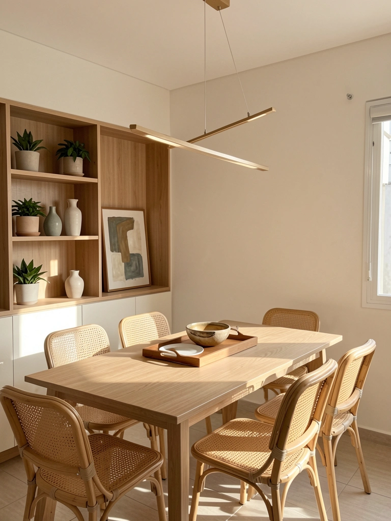 Mesa de madeira clara com cadeiras de rattan, luminária angular e prateleira com vasos, plantas e quadro abstrato, luz natural com sombras suaves.