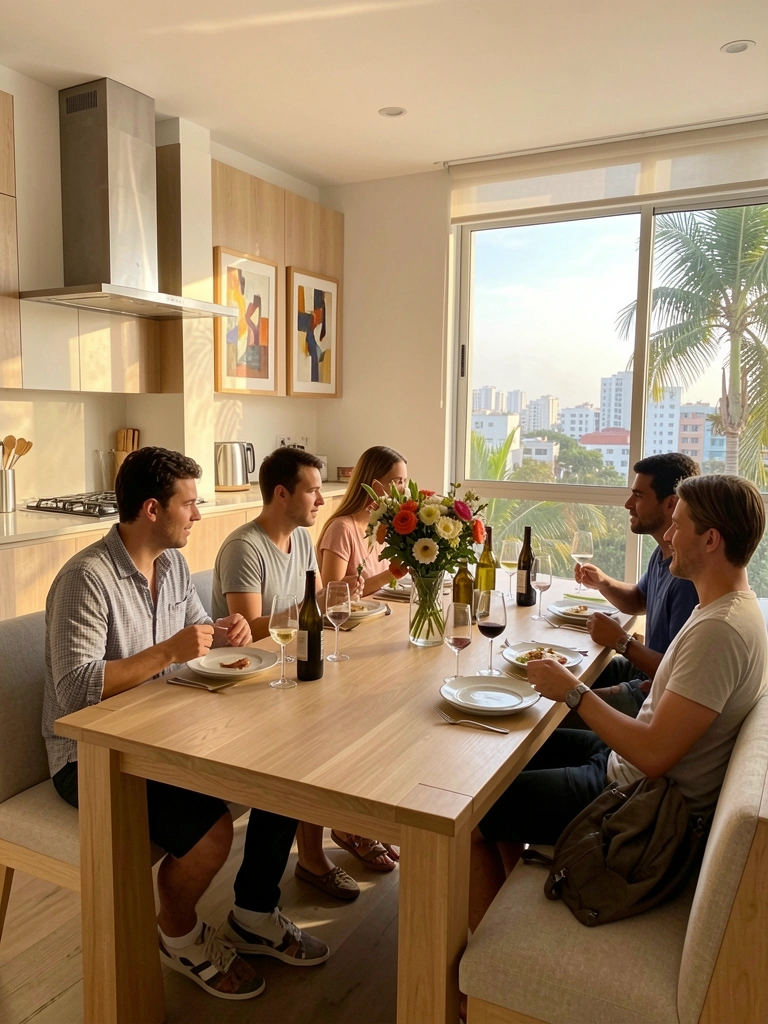 Mesa de madeira clara com seis pessoas, buquê de flores e garrafas de vinho, coifa de aço inox e janela com vista urbana, luz natural.