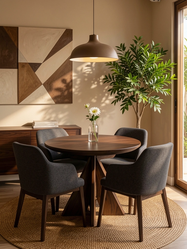 Mesa redonda de madeira escura com cadeiras estofadas cinza, tapete de juta, vaso com flor branca e pendente moderno.