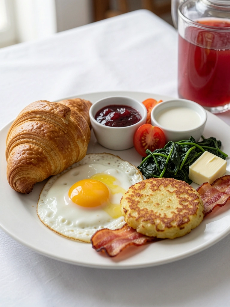 Croissant dourado, ovo frito com gema mole, bacon crocante e tomates em prato sobre toalha branca, luz natural suave.