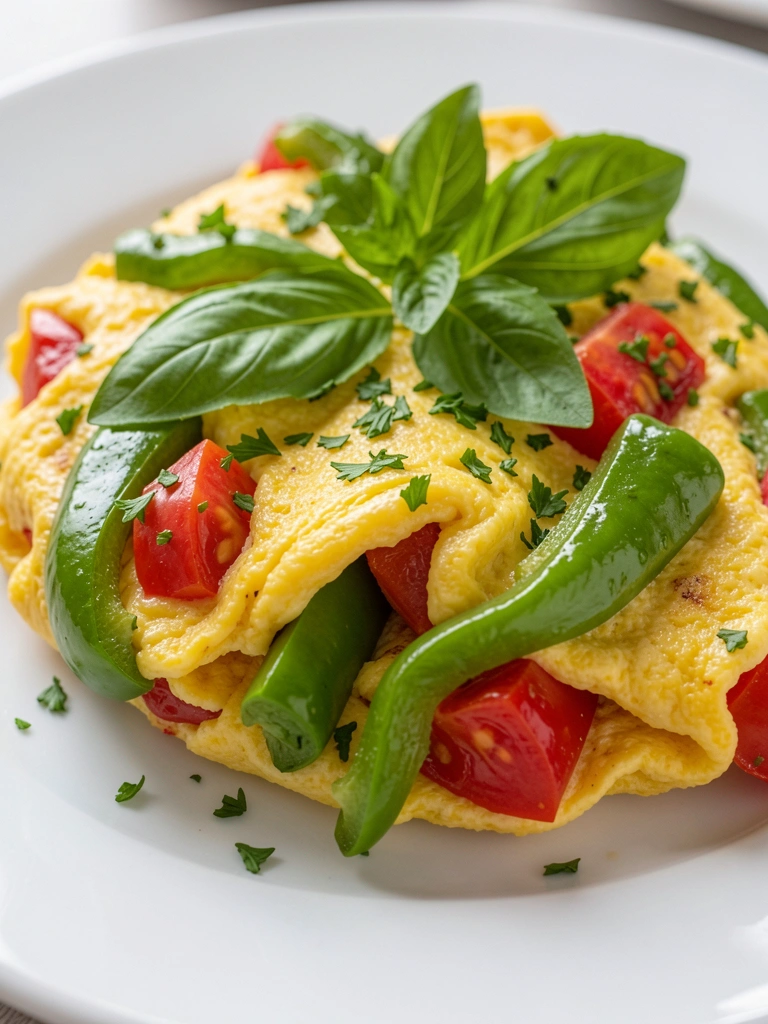 Omelete dourada com pimentão verde, tomate vermelho, manjericão e salsinha sobre prato de porcelana branca, iluminação natural suave.