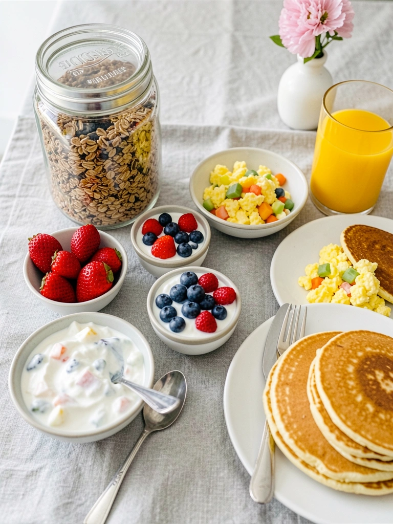 Jarra de vidro com granola, tigela de iogurte e frutas vermelhas sobre toalha de linho cinza-claro, luz suave ao fundo.