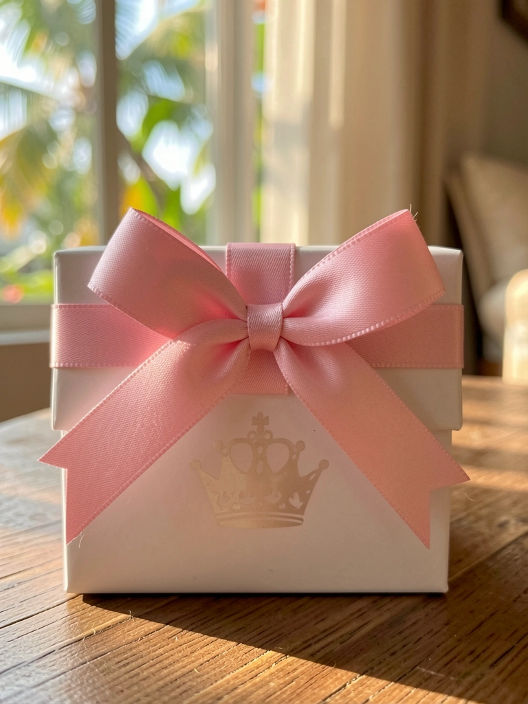 Caixa branca com laço de fita rosa cetim e emblema de coroa, luz natural suave e fundo desfocado.