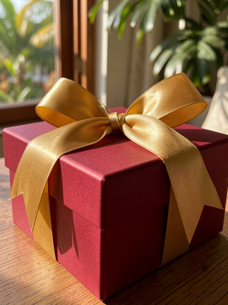 Caixa de presente vermelha texturizada com laço de cetim dourado, luz natural e fundo desfocado com claraboia.
