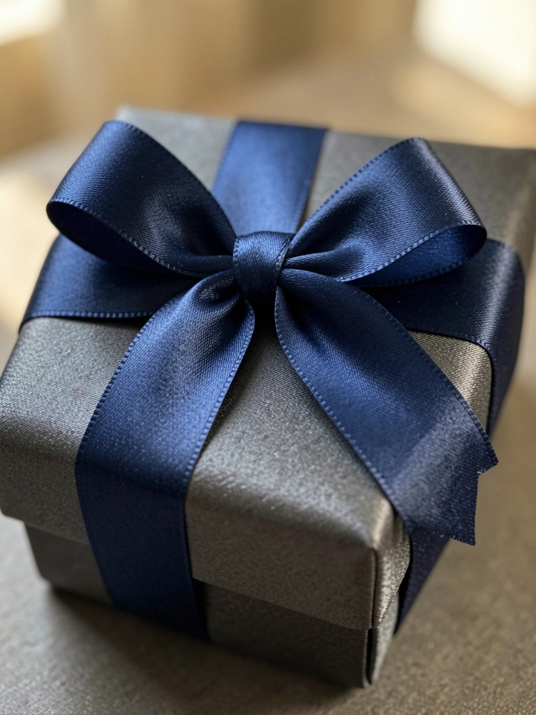 Caixa de presente cinza escuro acetinada com laço azul-marinho, dobras do cetim destacadas por luz natural suave, fundo desfocado.