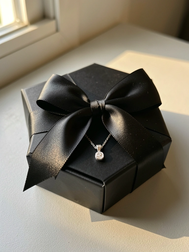 Caixa de presente preta com laço de cetim, colar de prata com pingente de diamante dentro, sobre superfície cinza clara com luz natural.