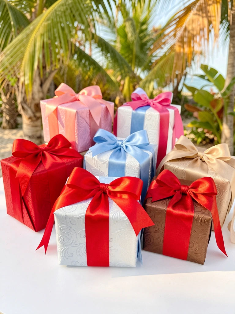 Seis caixas de presente em tons de vermelho, rosa, azul, branco, marrom e bege, com laços de cetim vermelho e padrão texturizado cinza claro, sobre superfície branca sob luz natural.