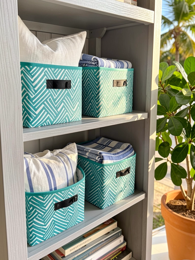 Caixas geométricas turquesa e brancas com padrão chevron em prateleira cinza claro, repletas de fronha de linho branca e manta listrada azul e branca. Livros empilhados na frente e vaso com folhas verdes à direita. Luz natural e texturas de tecido em destaque.