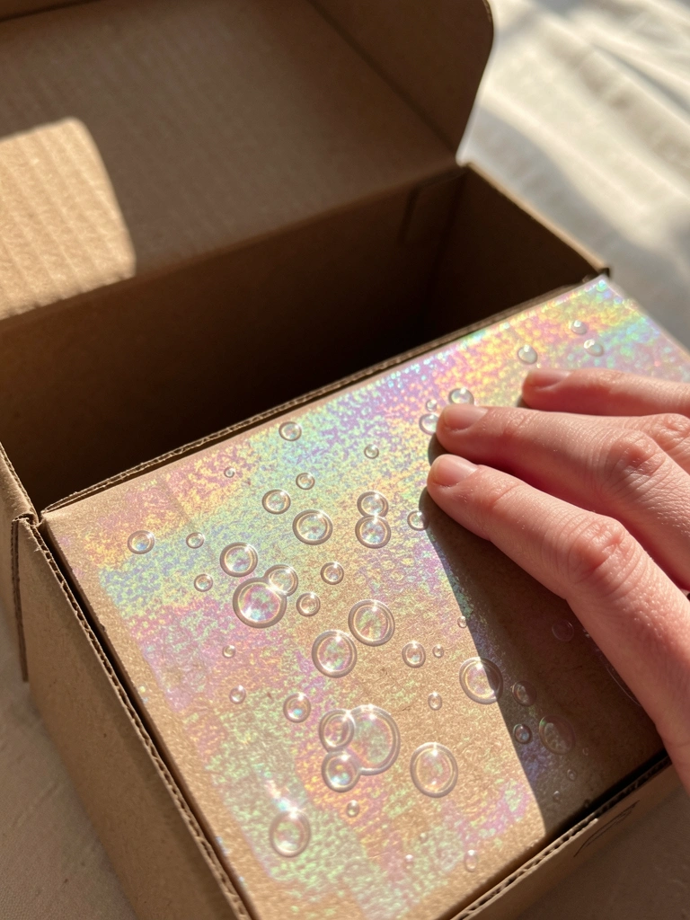 Caixa de papelão aberta com superfície iridescente e bolhas de ar, mão tocando o material, luz natural e fundo suave.