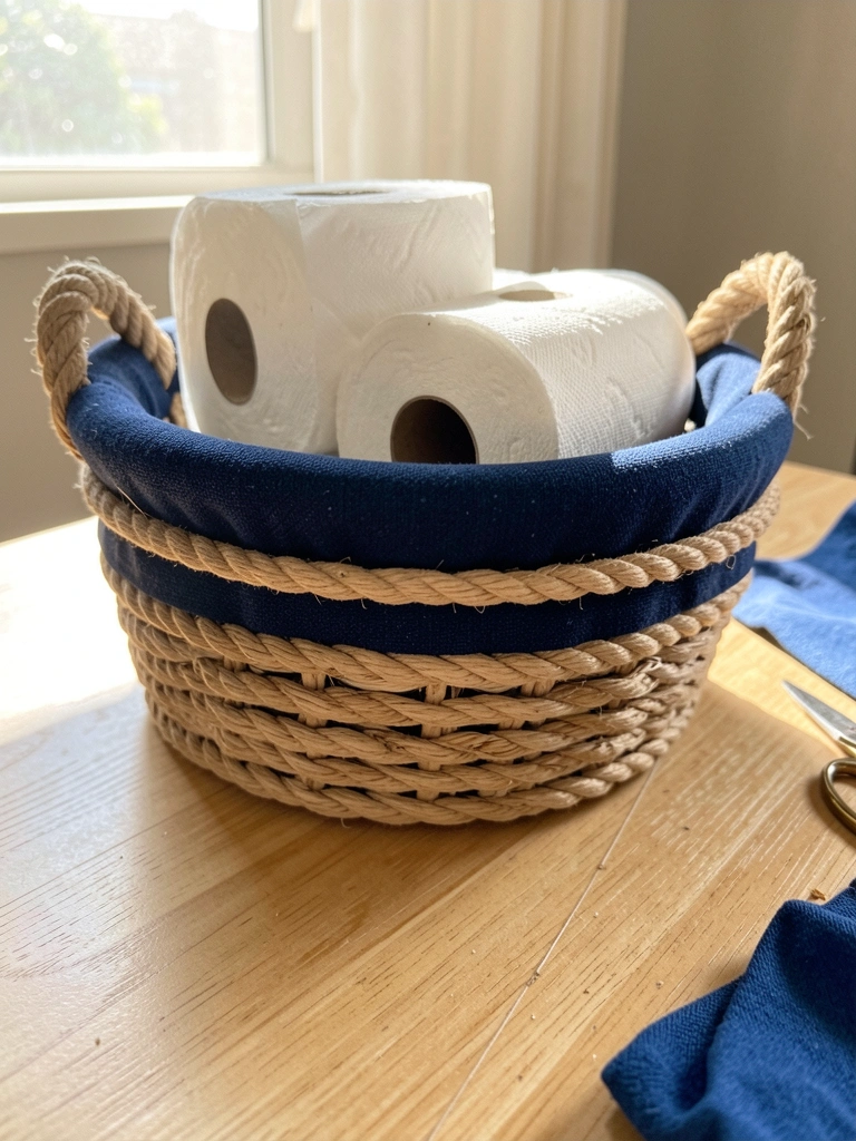 Cesto rústico forrado com tecido azul-marinho e corda grossa, empilhado com rolos de papel higiênico branco sobre mesa de madeira clara, luz natural e tesoura ao lado.