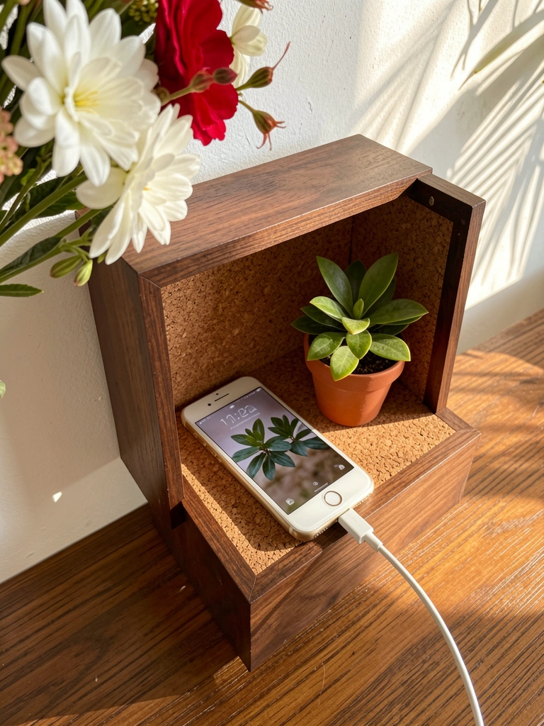 Caixa de madeira escura com interior de cortiça na parede branca, iPhone com tela de planta e buquê de flores brancas e vermelhas ao lado, luz natural do dia.
