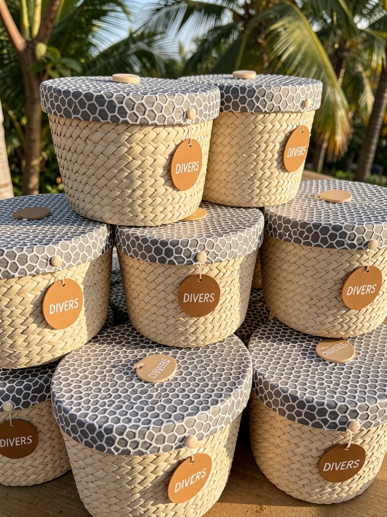 Oito cestos de vime bege empilhados, tampas com padrão xadrez cinza e branco e etiquetas redondas marrons com texto branco, luz natural.