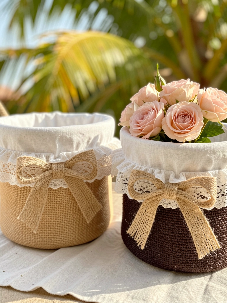 Cestos de vime com forro de linho branco e laço de juta, buquê de rosas blush sobre o cesto escuro, luz natural suave.