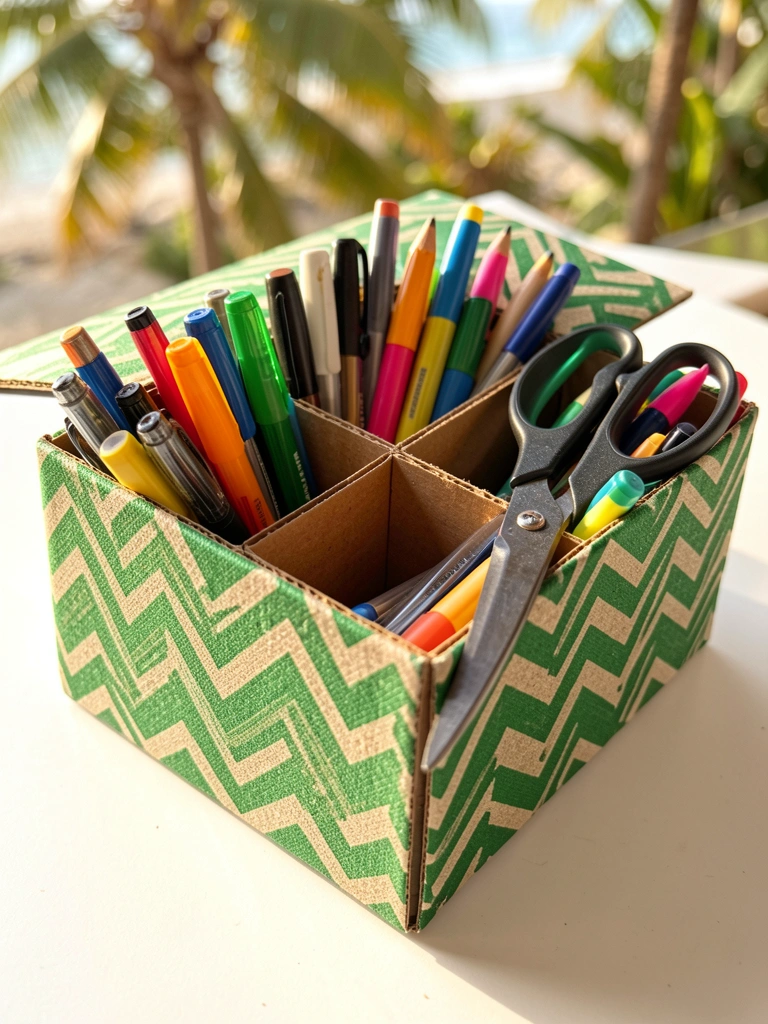 Caixa de papelão forrada com tecido xadrez verde e bege, repleta de canetas, lápis, marcadores e tesoura, sobre superfície branca, luz natural.