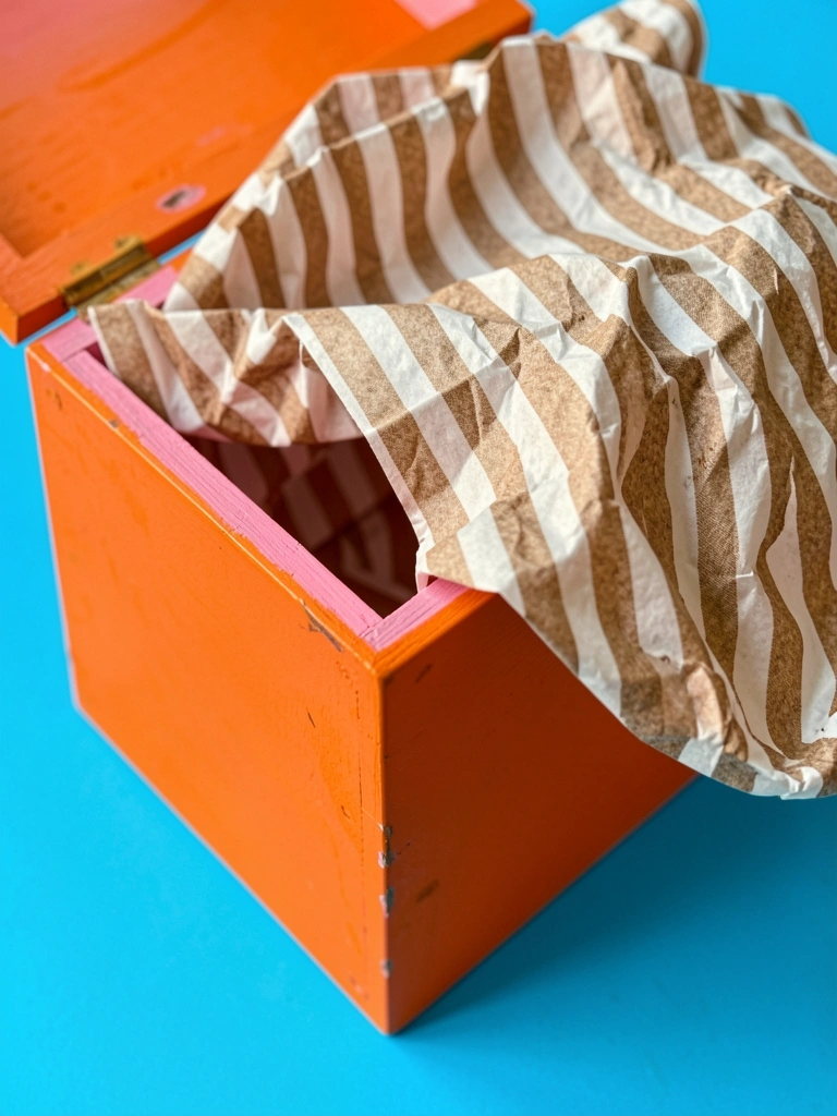 Caixa de madeira laranja com interior rosa e saco de papel listrado branco e marrom sobre fundo azul, luz natural suave.