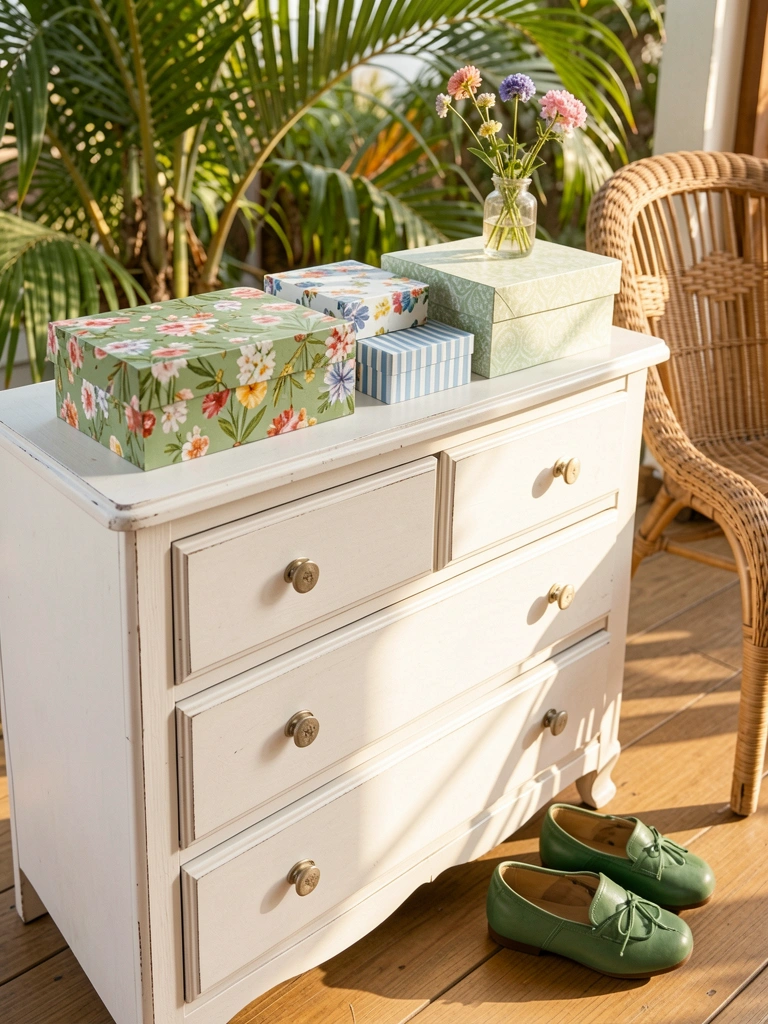Cômoda branca de madeira com caixas decorativas em papel floral e listrado, vaso com flores, cadeira de vime ao fundo e luz natural