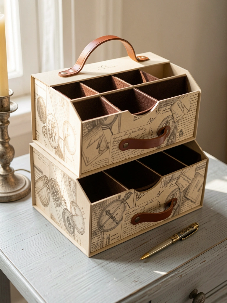 Organizador de papelão bege claro com duas camadas, alça e puxadores de couro marrom, compartimentos forrados com feltro escuro e vela vintage sobre mesa cinza clara, sob luz natural.
