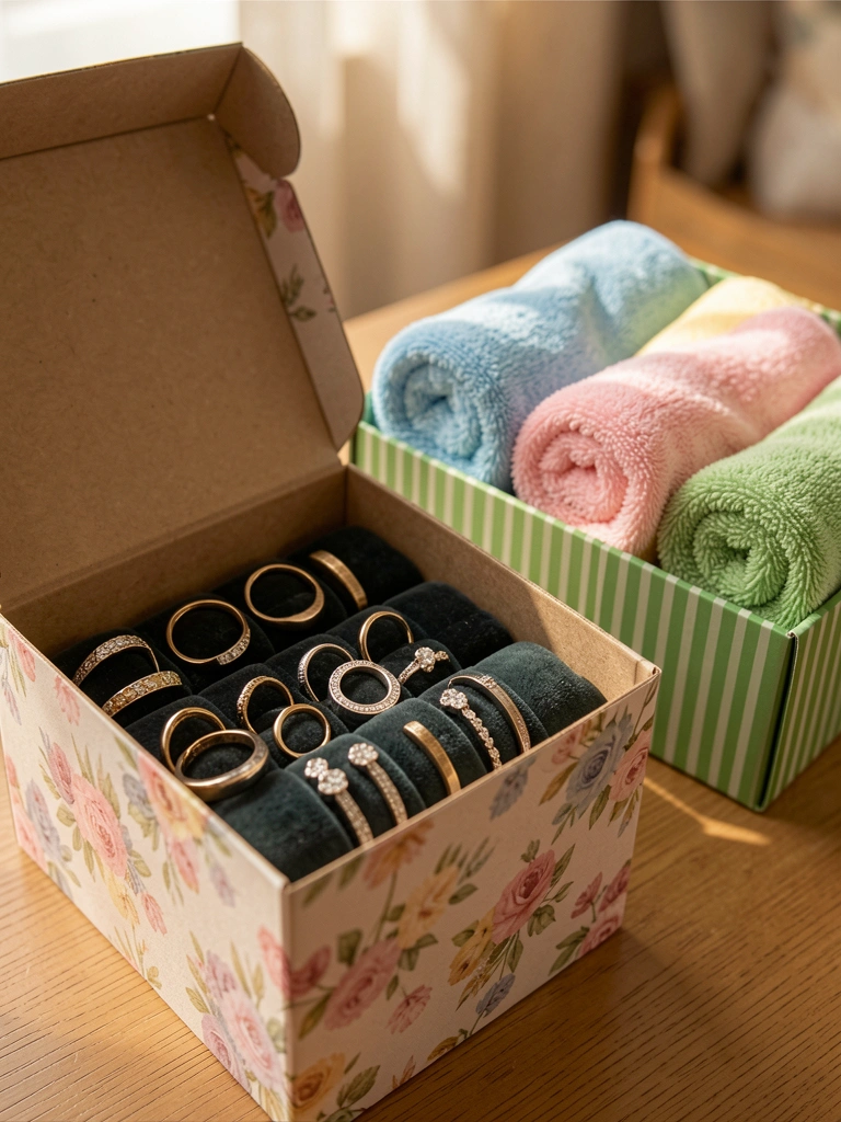Caixa decorativa floral com anéis em veludo e caixa listrada verde com toalhas enroladas em azul, rosa, amarelo e verde, luz natural e fundo desfocado.