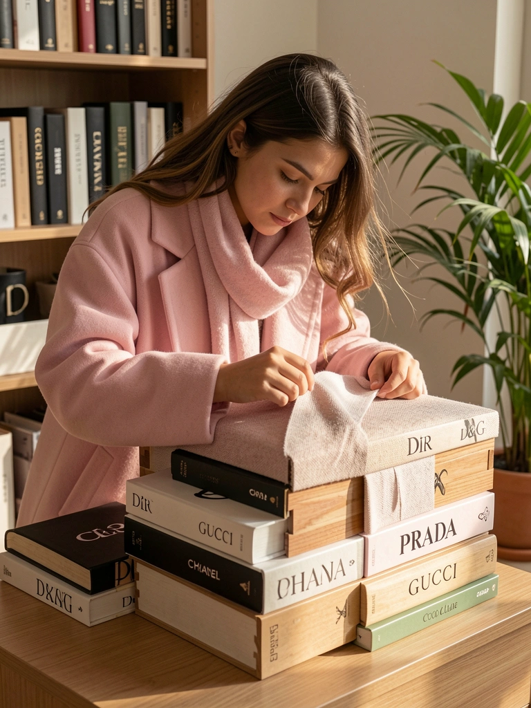 Jovem com casaco rosa claro aplica tecido sobre caixa de madeira com livros de Chanel, Dior e Gucci; fundo com prateleira e planta, luz natural suave.