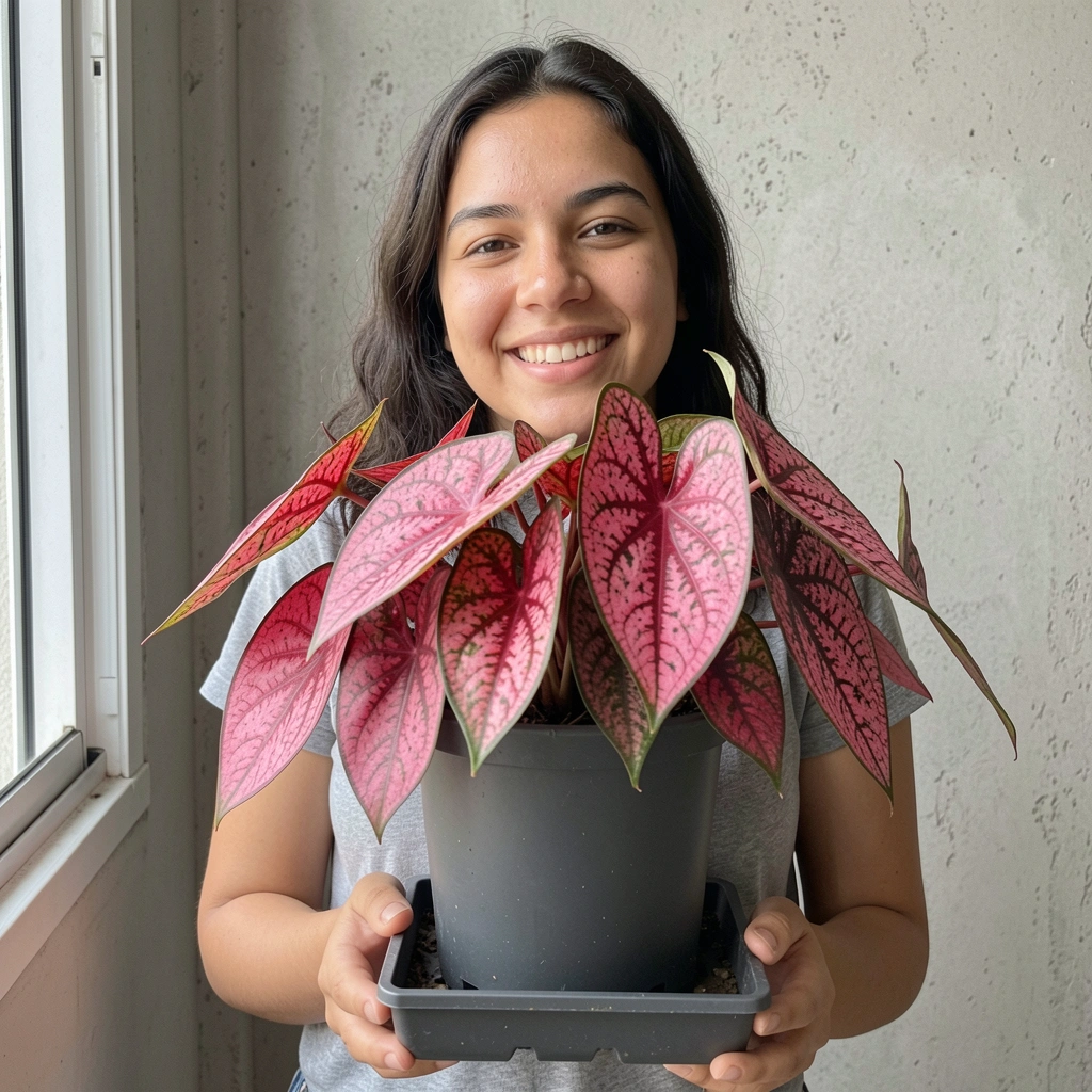 Mulher sorrindo segura vaso com caladium de folhas rosas e verdes.