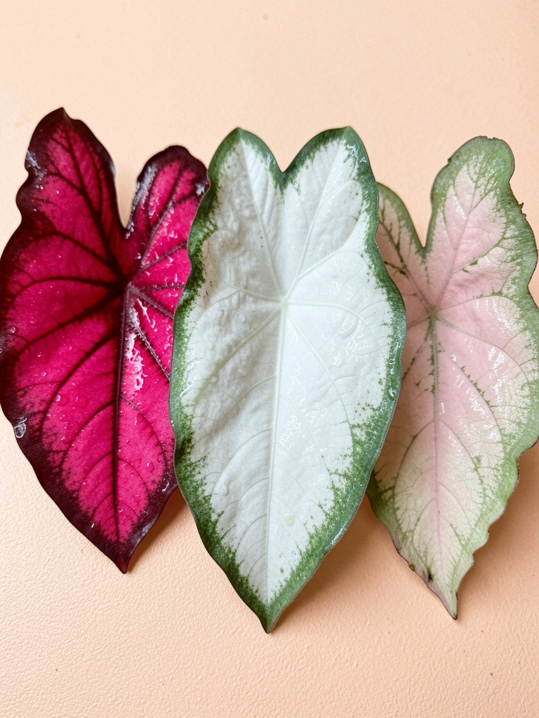 Folhas de caladium em três variedades: branca com nervuras verdes, vermelha com manchas brancas e verde com pintas rosadas.