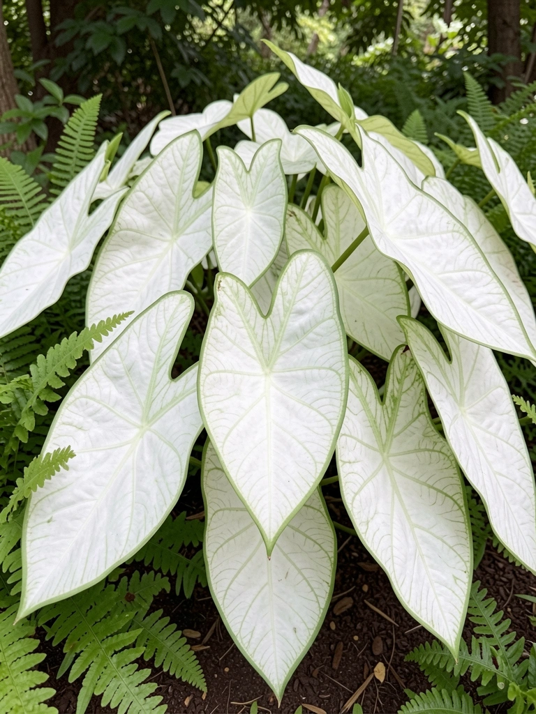 Canteiro com caladiums de folhas verdes e brancas e samambaias em jardim sombreado.