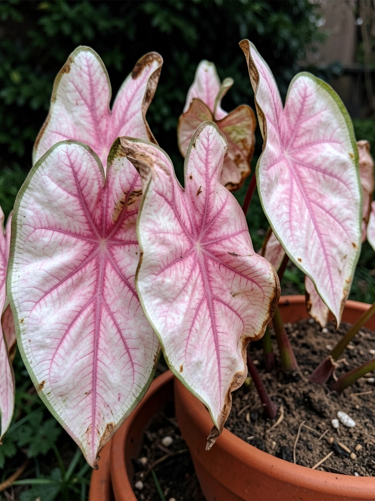 Folhas murchas de caladium em vaso ao lado de outro vaso com terra seca.