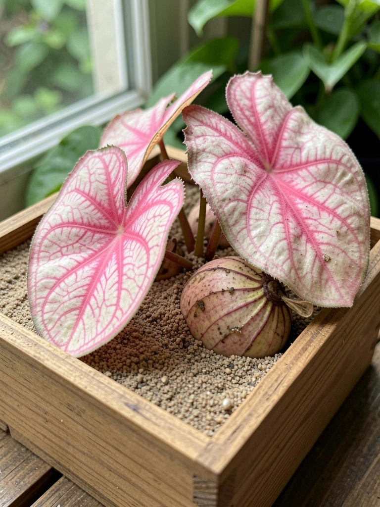Tubérculos de caladium cobertos por areia dentro de uma caixa de madeira.