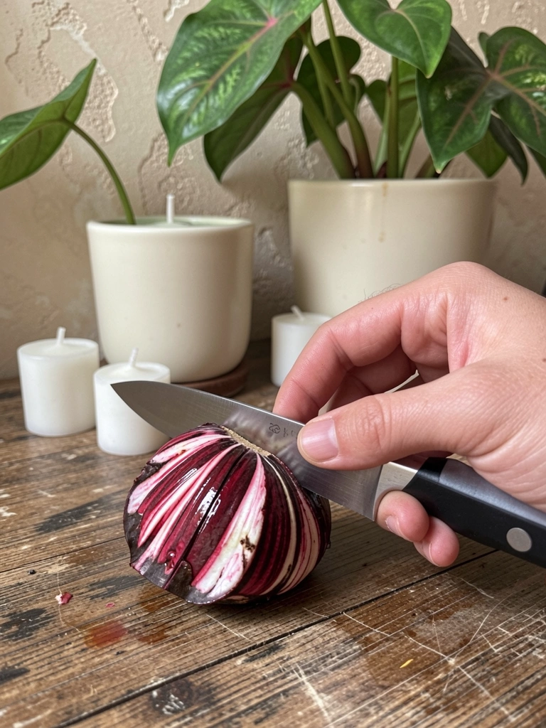 Mão segurando faca cortando tubérculo de caladium sobre superfície limpa.