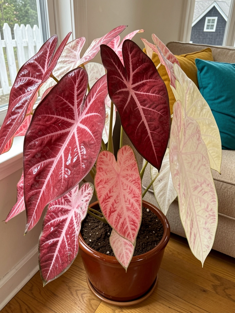 Sala de estar com vaso grande de caladium ao lado do sofá, almofadas coloridas sobre o estofado, luz natural entrando pela janela.