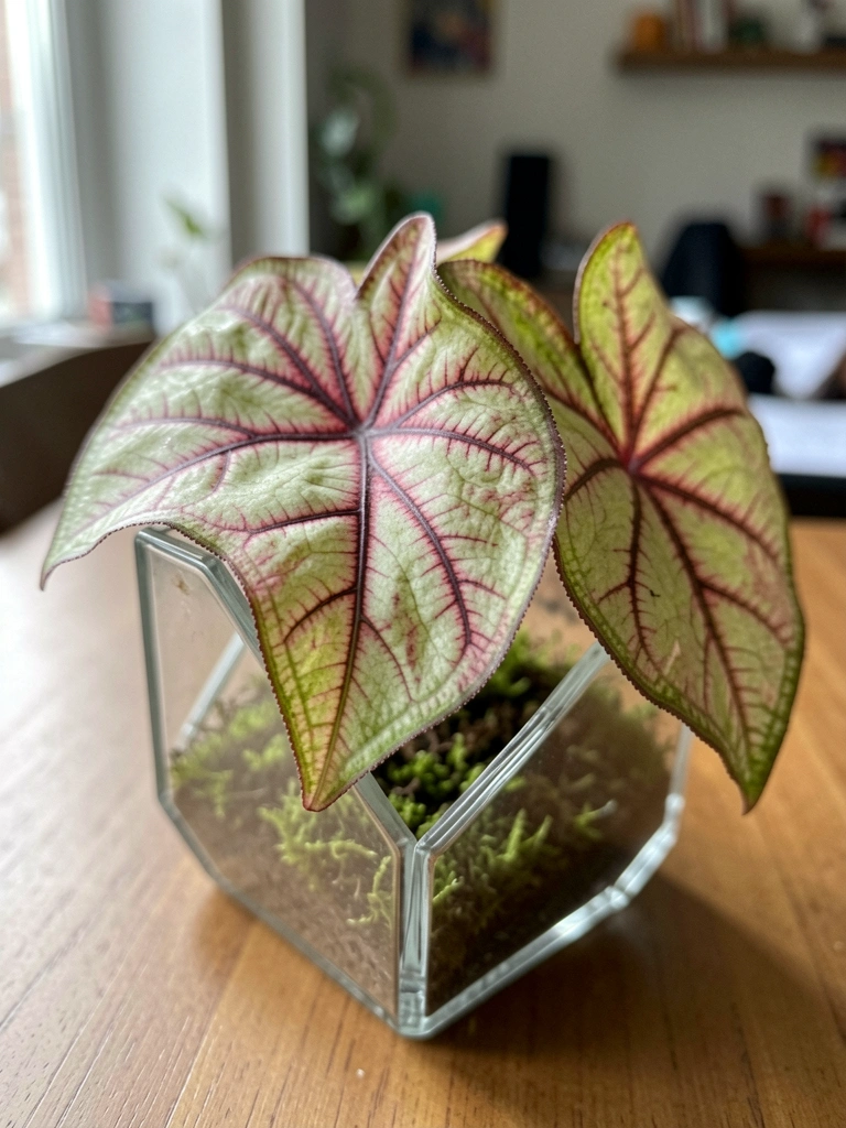 Terrário de vidro redondo com mini caladium e musgo sobre uma mesa de madeira.