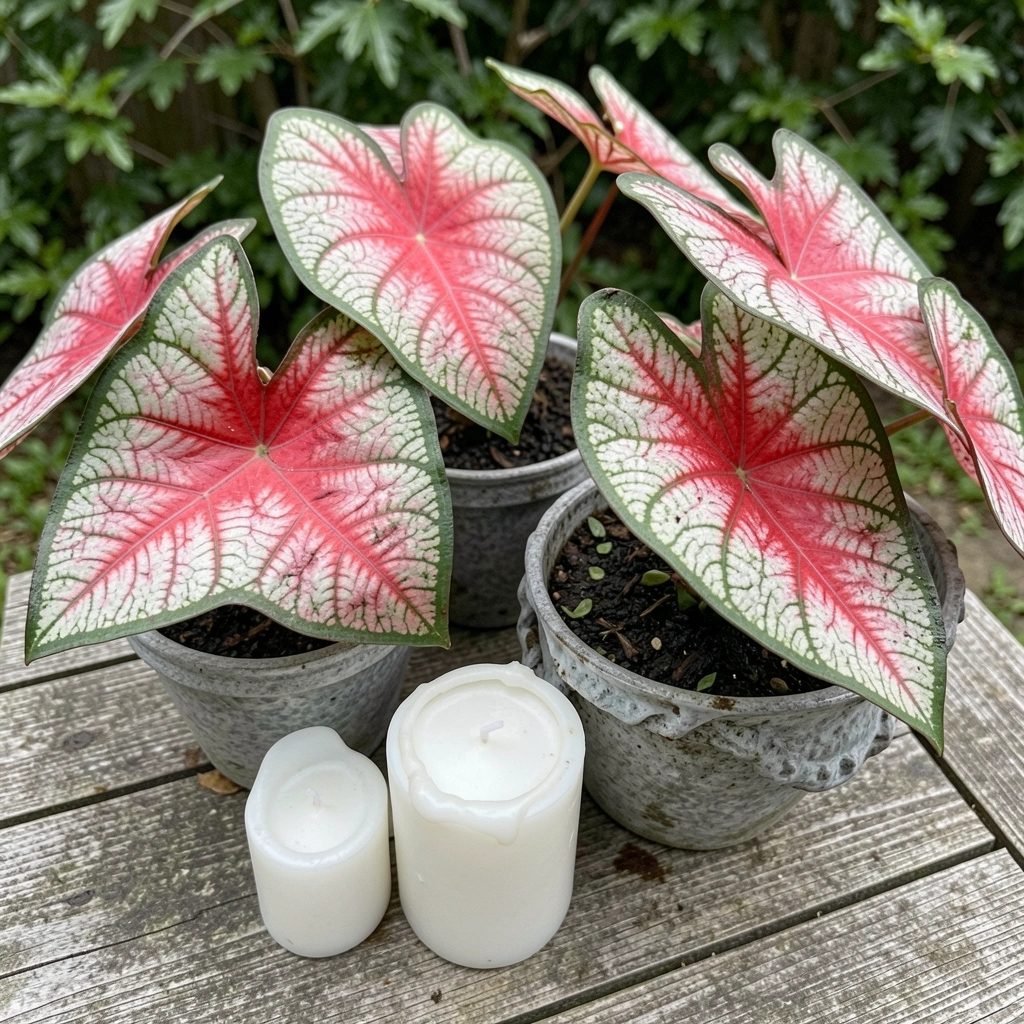 Mesa de madeira com vasos de caladiums verdes e brancos, velas brancas e arranjo floral.