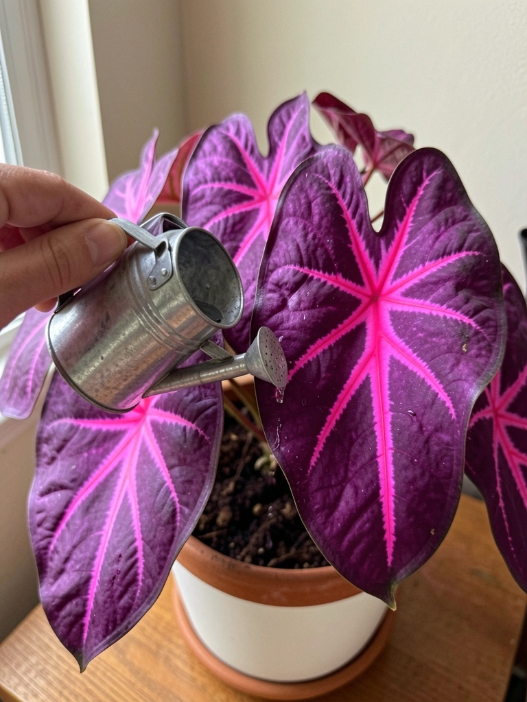 Mão segurando regador verde sobre vaso com folhas de caladium.