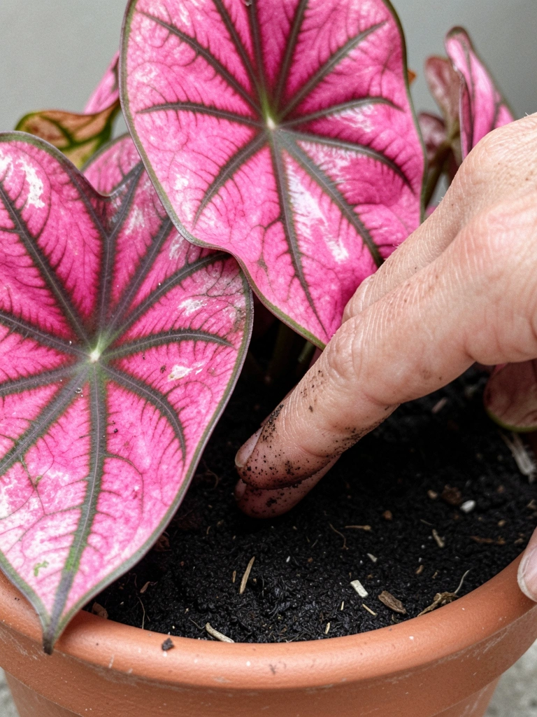 Dedo tocando terra úmida em vaso com folhas de caladium.
