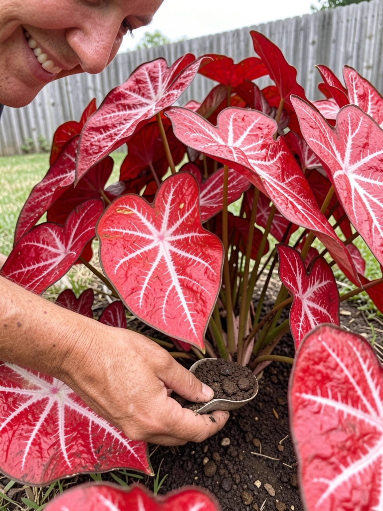 Mão espalhando adubo orgânico escuro na base de um caladium com folhas verdes e brancas.