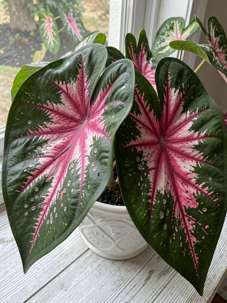 Vaso com folhas de caladium em ambiente interno e canteiro sombreado com a mesma planta.
