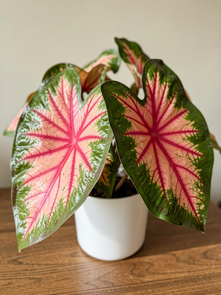 Vaso com folhas verdes e brancas de caladium sobre mesa de madeira, fundo claro.