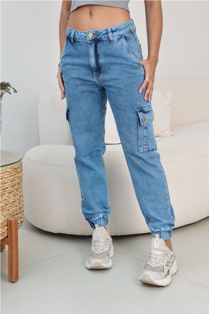 calça jeans cargo cintura alta