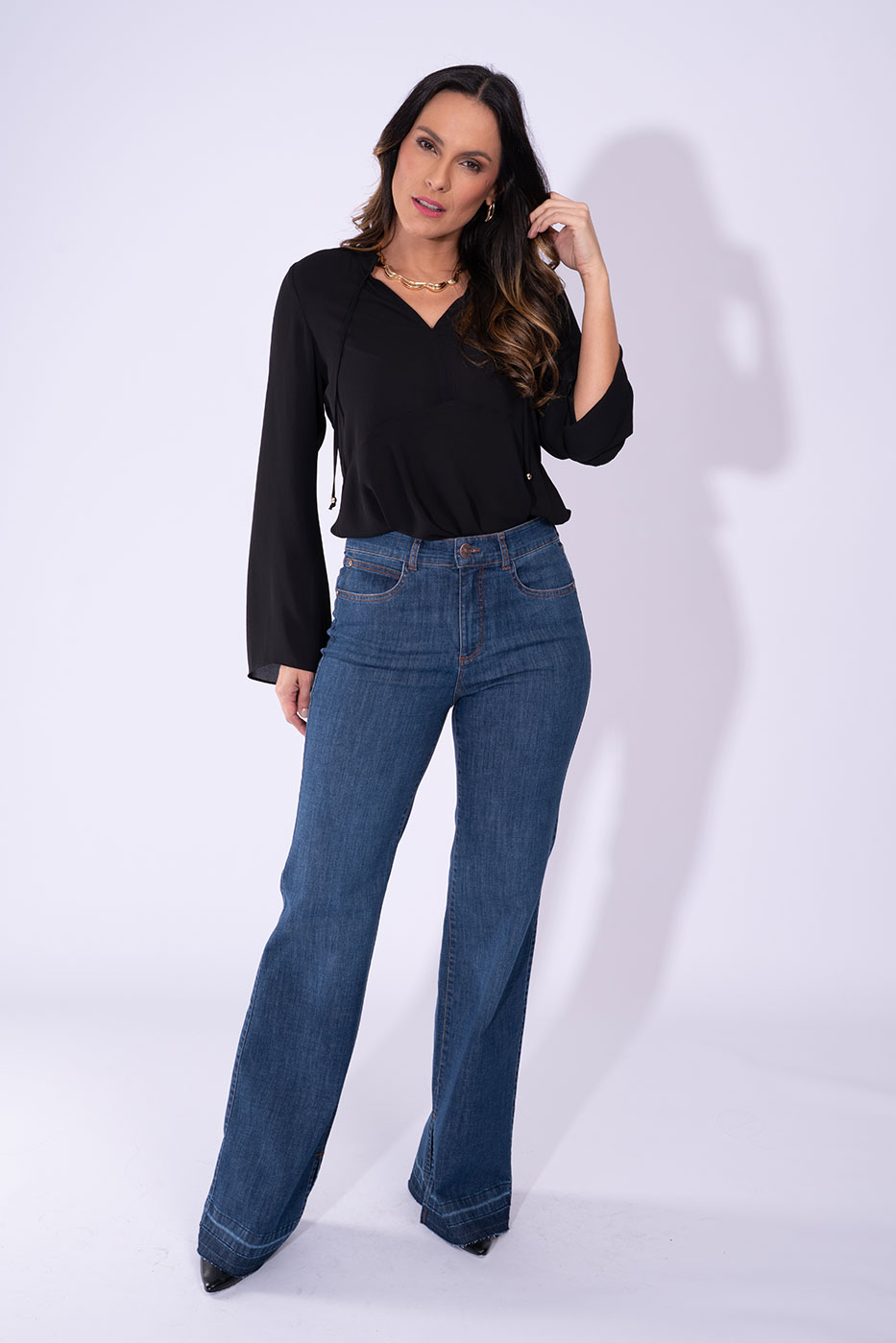 calça bootcut cintura alta plus size