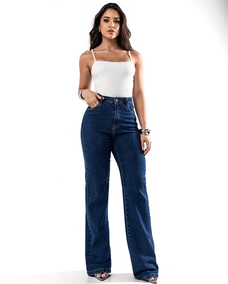 calça wide leg jeans escura feminina