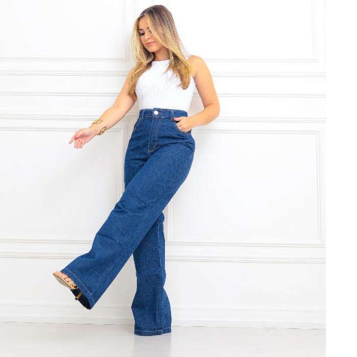 calça jeans wide leg plus size escura