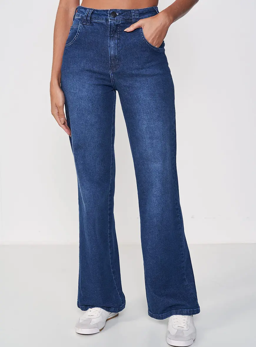 calça jeans wide leg 100% algodão escura
