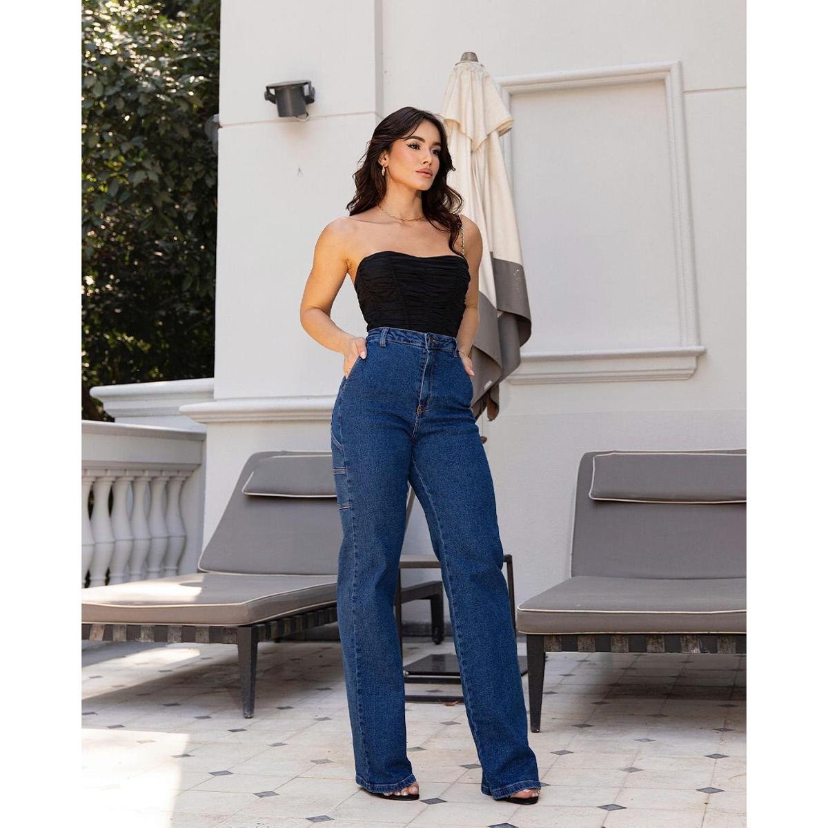 calça jeans wide leg preta