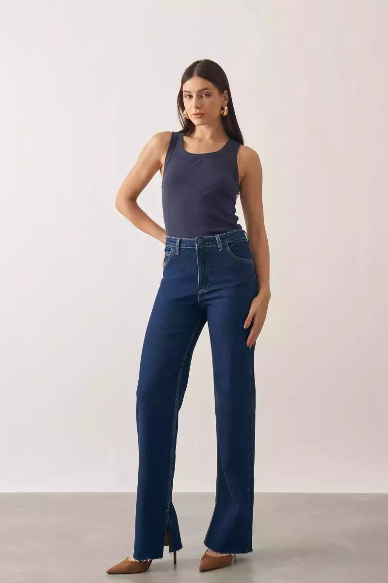 calça jeans wide leg plus size escura