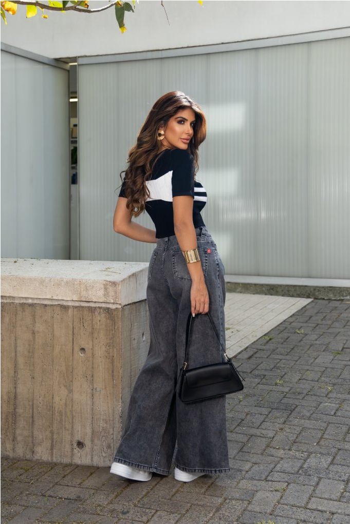 calça jeans wide leg 100% algodão escura