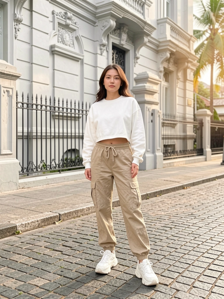 Jovem com cropped branco e calça jogger bege em rua de paralelepípedos, prédio cinza claro com detalhes ornamentais e cerca de ferro preto, luz difusa.