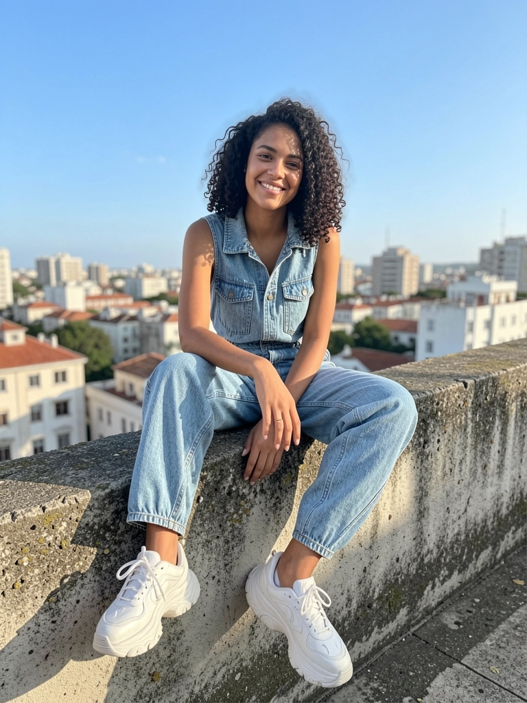 Jovem de cabelos crespos escuros em macacão jeans azul claro e tênis branco, sentada em muro de concreto texturizado, com prédios ao fundo e céu azul claro.