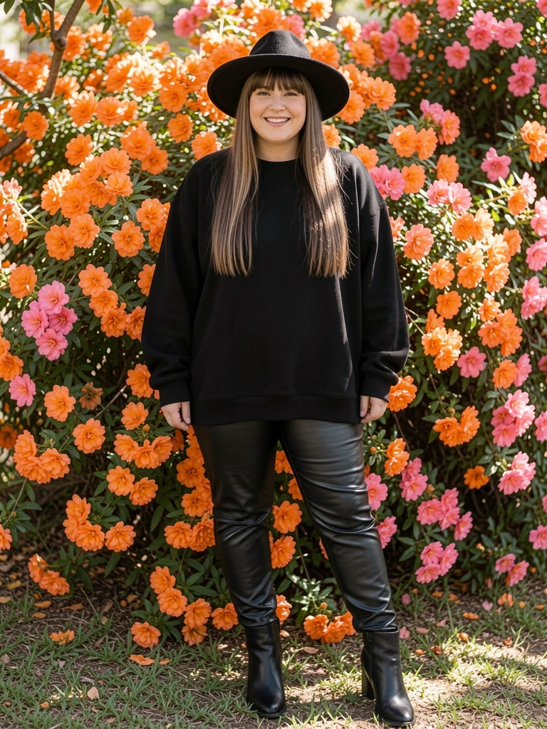 Mulher plus size com moletom preto, calça de couro e bota cano curto sob chapéu fedora, fundo de flores laranja e rosa com luz natural